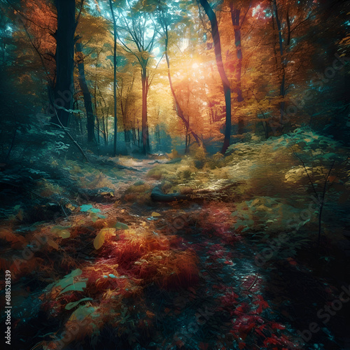 Mysterious autumn forest. Colorful forest. 3D render