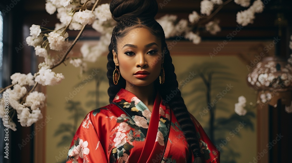 Woman in Red Kimono Standing in Front of White Flowers Woman in Red Kimono Standing in Front of White Flowers