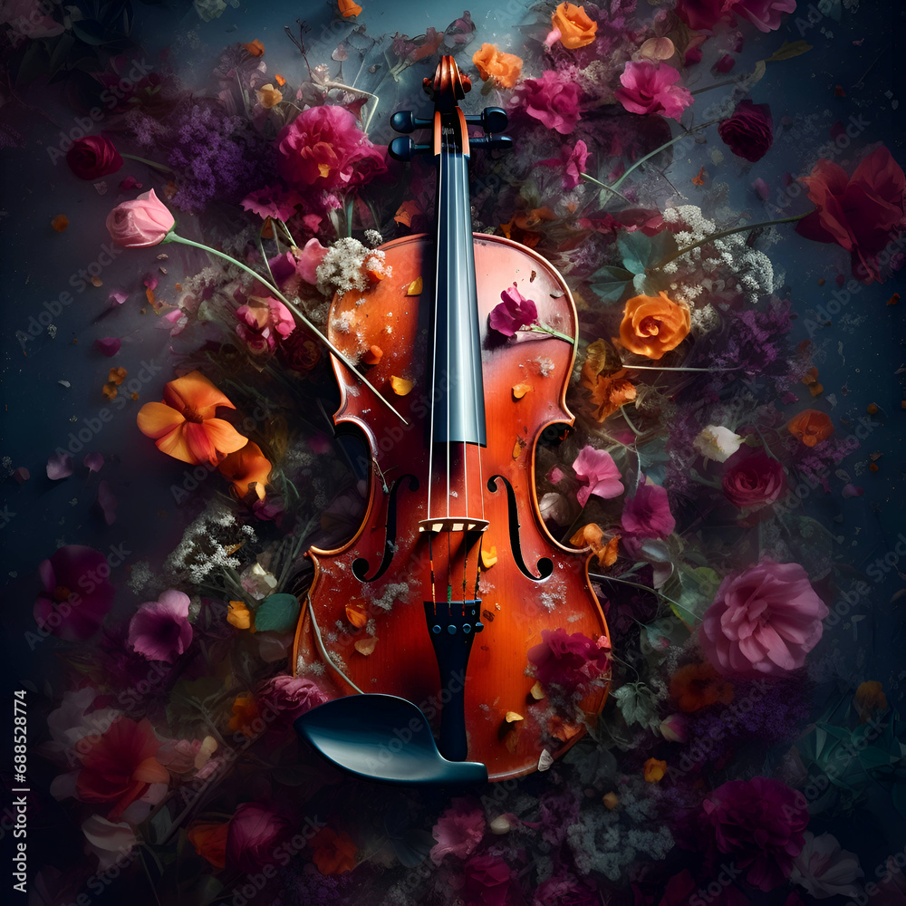 Vintage floral background with violin and flowers. Photo in old color image style