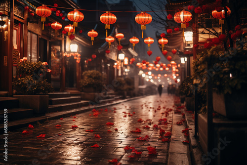 Chinese red lanterns  on a night street during Chinese New Year © kazakova0684