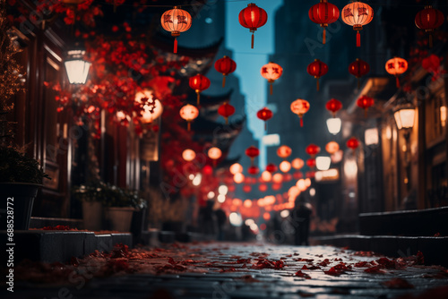 Chinese red lanterns on a night street during Chinese New Year