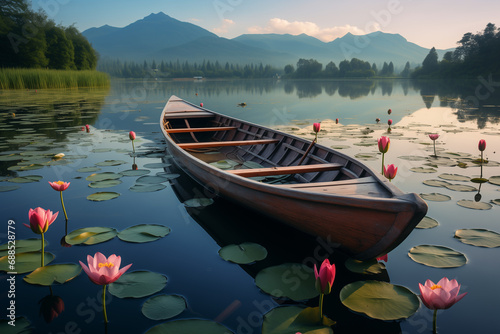 wooden boat on a lake with blooming pink lotuses
