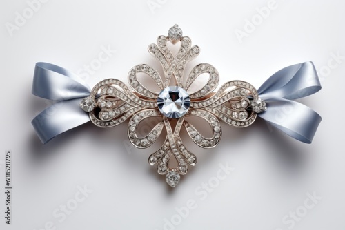 A brooch with a blue ribbon and a bow. photo