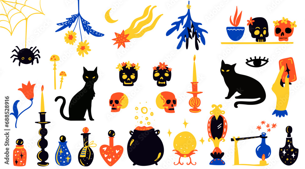 Magic and witchcraft illustration set, cute skulls, black cat, love potions and elixir. Fortune telling crystal ball and hand holding tarot cards. Esoteric design elements collection, stickers