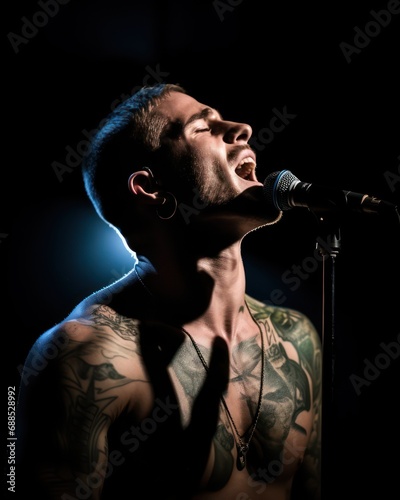 Male singer on a stage with tattoos singing for the crowd concert.