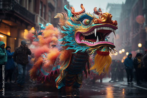 a traditional Chinese dragon dances the dragon dance at the Chinese New Year festival