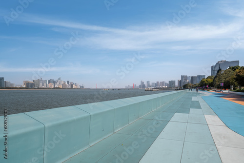 Close ups of urban landscapes on both sides of the Qiantang River in Hangzhou..