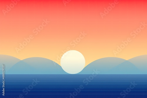 Simple minimalistic sunset illustration. Blue  yellow  coral  peach and pink tonal transition. Flat illustration of the ocean  mountains  sun and sky. Smooth lines  curves. Tender gradient