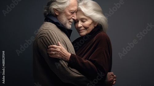 Old senior couple in love hug and embrace with romance together close-up portrait background. Hug Day, St Valentines concept. Happy mature man and woman hugging together. Elderly people in love..
