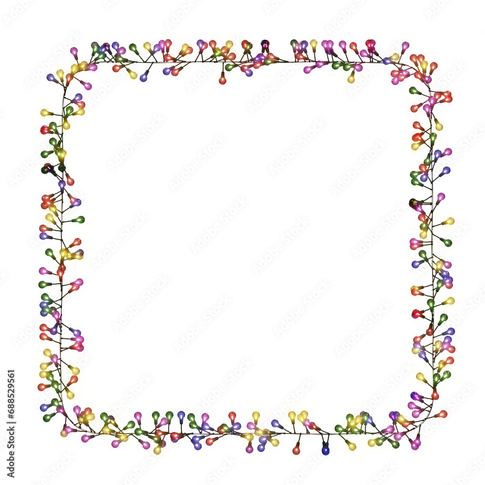This 3D illustration showcases a square frame of vibrant string lights, great for party decor. PNG