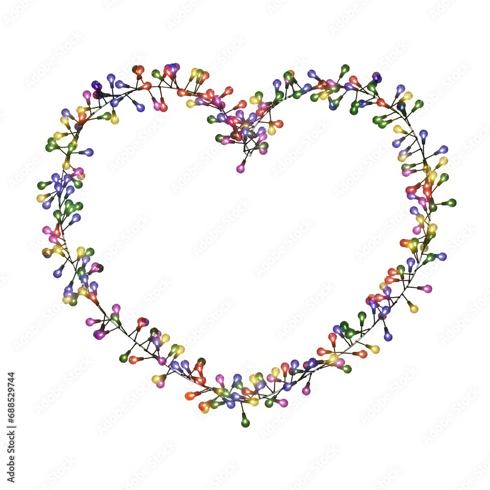 A 3D depiction of a heart frame, embellished with colorful string lights, ideal for any festive event. PNG