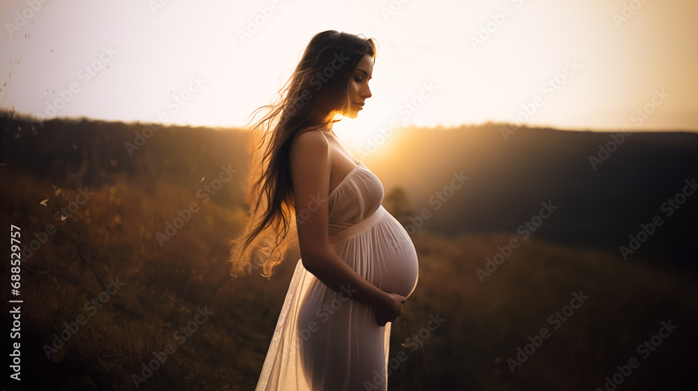 Pregnancy photo with young pregnant woman posing in sheer dress in front of bright sunset - obrazy, fototapety, plakaty 