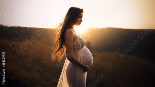 Pregnancy photo with young pregnant woman posing in sheer dress in front of bright sunset photo