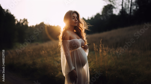 Maternity photo with young pregnant woman posing in sheer dress in front of bright sunset