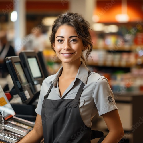 portrait of a female cashier in a grocery store