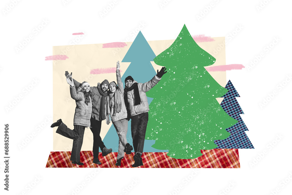Creative abstract template collage of four people friends family have fun together forest park walk hugging christmas new year x-mas advert