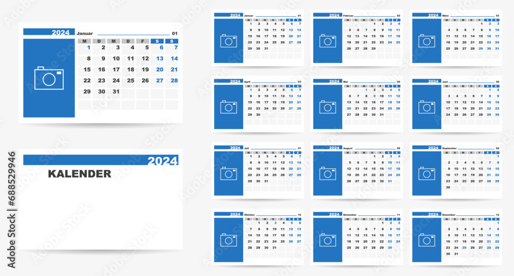 2024 calendar on german language with german holidays. Week start on monday. Calendar with place for photo. 2024 calendar on german language with german holidays. Week start on monday. Calendar with place for photo.