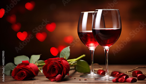 two glasses of red wine and roses