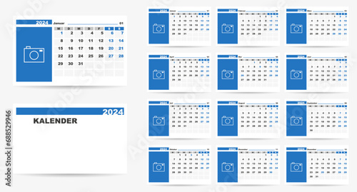 2024 calendar on german language with german holidays. Week start on monday. Calendar with place for photo.	