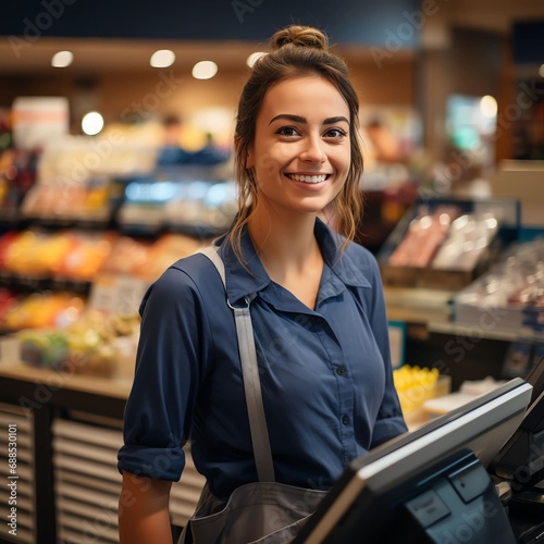 portrait of a female cashier in a grocery store