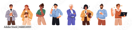 Happy business people set. Senior businesswoman, glad businessman in office suit. Multiethnic workers, employee group positive gesturing. Men and women boss. Flat isolated vector illustration on white