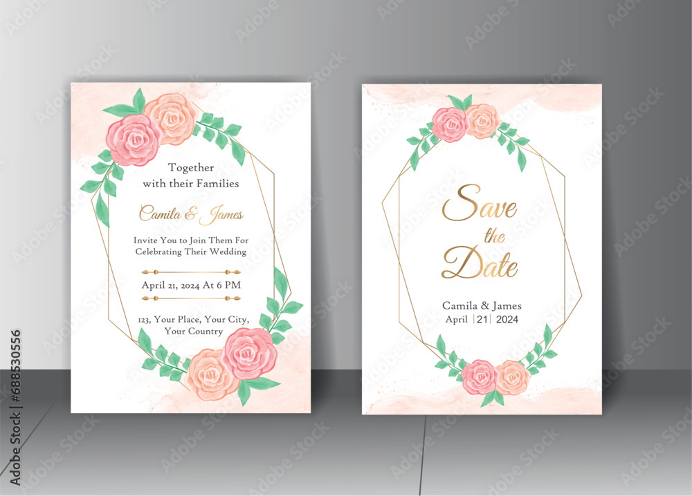 watercolor wedding invitation with roses and leaves, beautiful floral invitation card with white watercolor background vector design