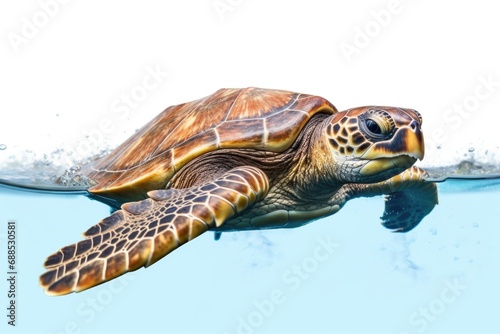 A turtle swimming in the water with its head above water.