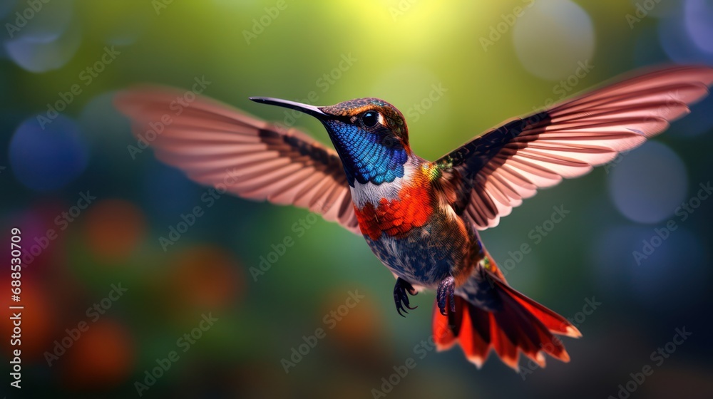 Obraz premium Colorful glossy blue and red metallic hummingbird, photography, bright background, and blurred