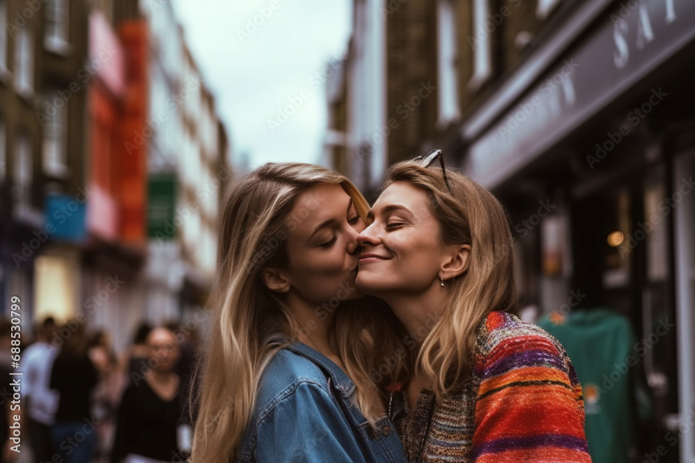 lebsian couple kissing on the street, Generative AI lebsian couple kissing on the street, Generative AI