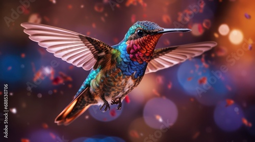 Colorful glossy blue and red metallic hummingbird, photography, bright background, and blurred