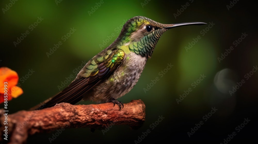 colorful glossy green and brown metallic hummingbird, photography, bright background, and blurred colorful glossy green and brown metallic hummingbird, photography, bright background, and blurred