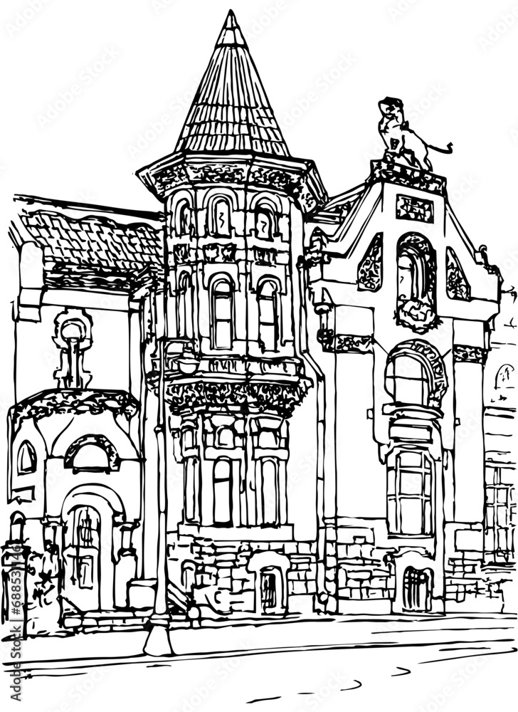 Own house Russian architect Lev Kekushev, also known as Kekysheva House, was once crowned with a 3-meter lion statue, 1900–1903. Ink drawing from the street Ostozhenka, 21. Moscow, Russia