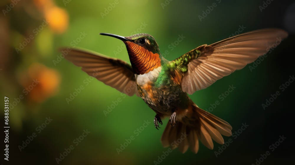 colorful glossy green and brown metallic hummingbird, photography, bright background, and blurred