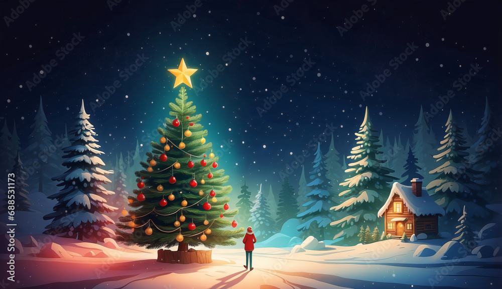 Obraz premium Christmas and New Year background. Xmas pine fir lush tree. golden gifts box. Glass Balls hanging on ribbon. Bright Winter holiday composition. Greeting card, banner, poster, Place for text, 3d style