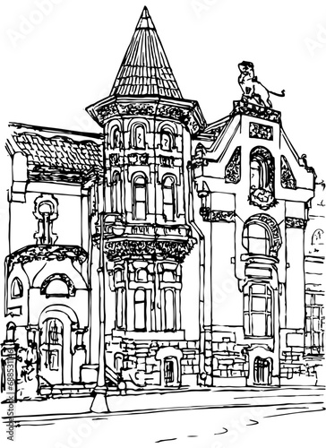 Own house Russian architect Lev Kekushev, also known as Kekysheva House, was once crowned with a 3-meter lion statue, 1900–1903. Ink drawing from the street Ostozhenka, 21. Moscow, Russia