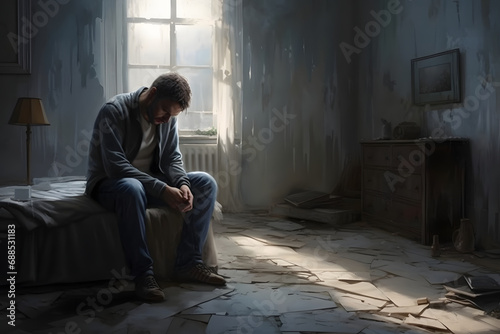 A depressed man sitting on a bed in a messy room with a window, an illustration of despair and sadness photo