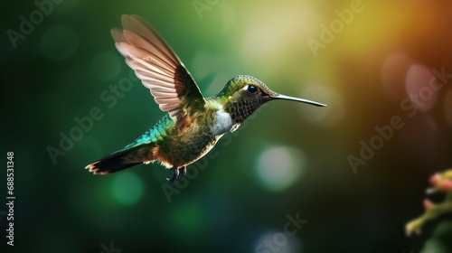 colorful glossy green and brown metallic hummingbird, photography, bright background, and blurred