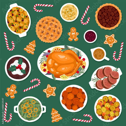 Christmas and New Year festive dinner food vector illustration