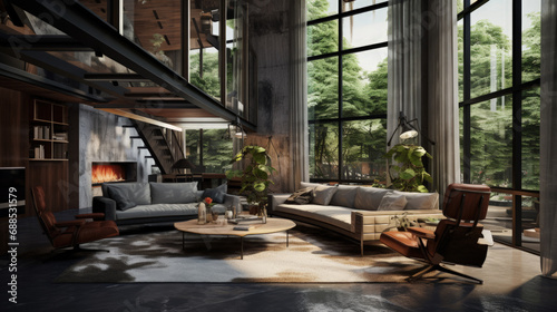 Modern living room with a large window and a forest view
