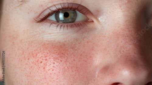 Enlarged Pores on Woman's Cheek. Closeup Macro Texture of Skin with Redness