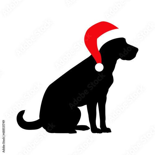 Tiempo de Navidad. Logo pet friendly. Silueta de perro sentado con sombrero de Santa Claus en espacio negativo para su uso en tarjetas y felicitaciones