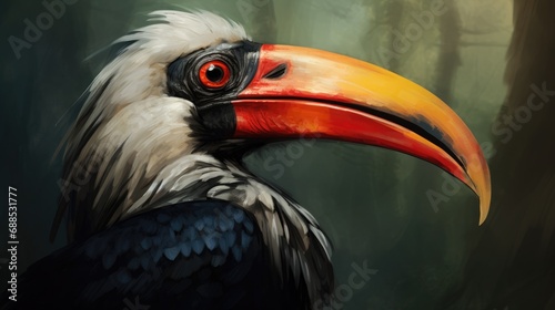 Hornbill Bird with Long Down Bill, Captured in the Forest Habitat. Exotic and Beautiful Species from the Animal Kingdom