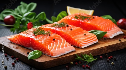 Fresh and Flavorful: Sockeye Salmon Fillets on a Natural Stone Bed with Spices, Basil Leaves, and More