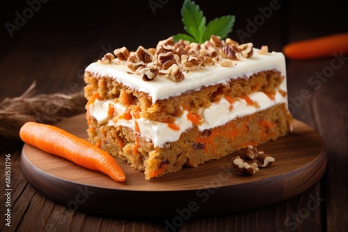 Indulge in the Sweetness of Carrot Cake Slice on Wooden Table - Homemade Dessert with Perfectly Baked Carrot Pie and Pastry, Perfect for Foodies