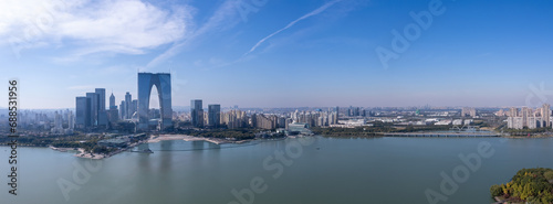 Aerial photography of the panoramic view of the city by Jinji Lake in Suzhou © 昊 周