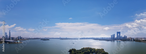 Aerial photography of the panoramic view of the city by Jinji Lake in Suzhou