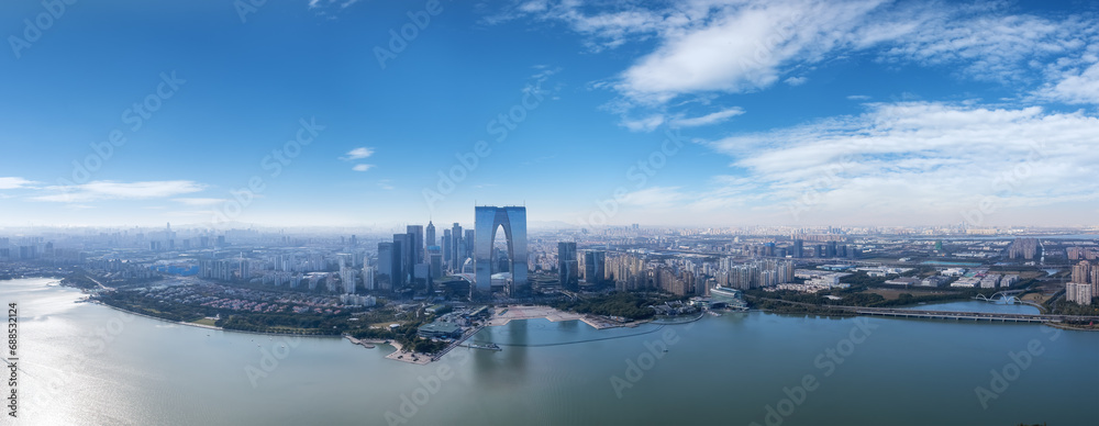Aerial photography of the panoramic view of the city by Jinji Lake in Suzhou