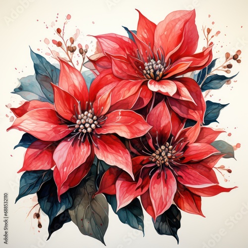 A Beautiful red Poinsettia flower bouquet in watercolor