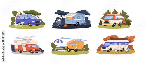Vintage campers car outdoors set. Holiday caravans, travel vans. Retro motorhomes for camping in nature. Auto home on campground, campsite. Flat isolated vector illustration on white background