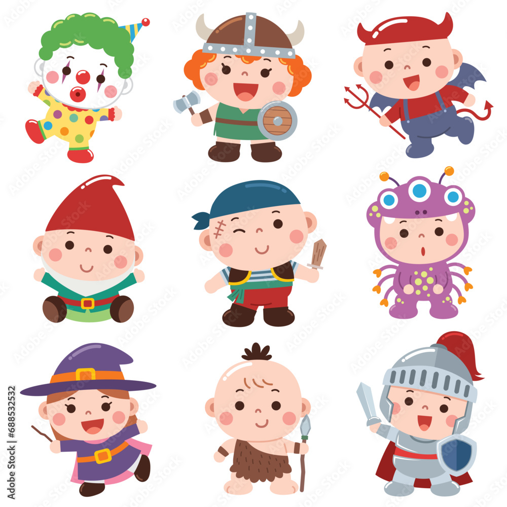A delightful and colorful cartoon-style illustration featuring kids dressed in various fantasy and costume-themed outfits. A delightful and colorful cartoon-style illustration featuring kids dressed in various fantasy and costume-themed outfits.